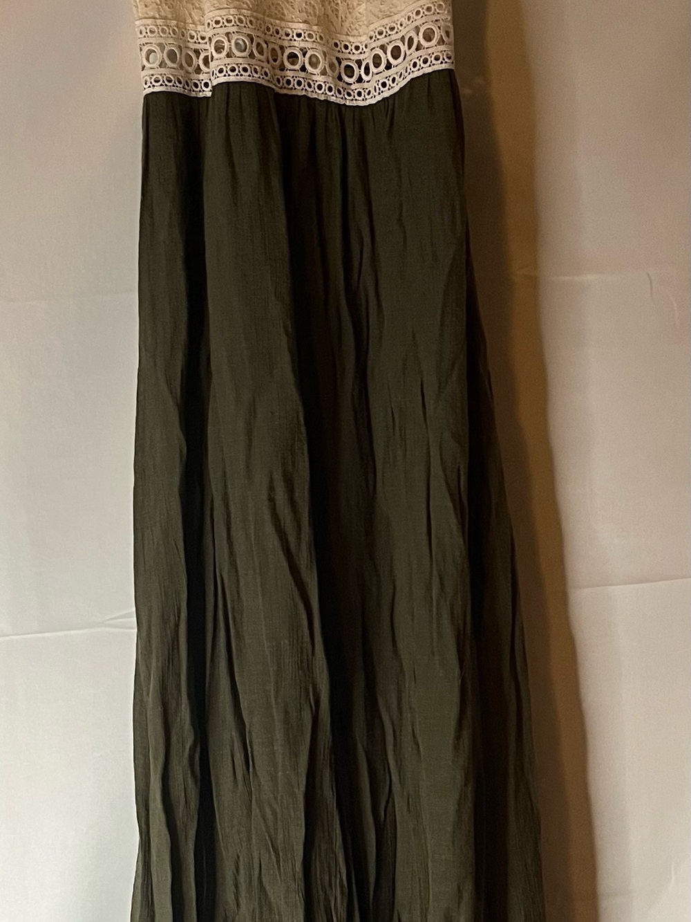 Iz Byer Olive Maxi Skirt with Cream Crochet Waistband